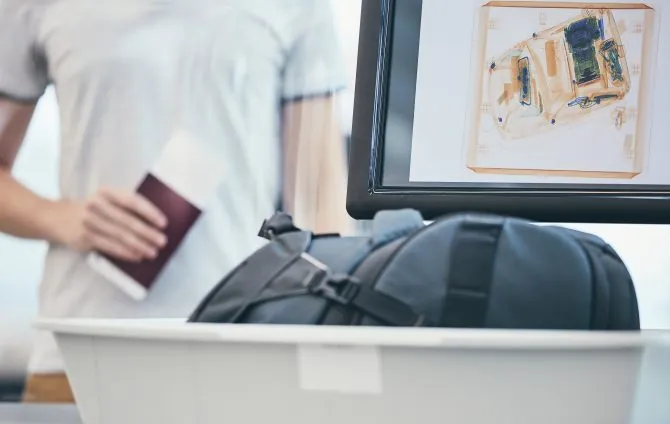 Airport security check. Young man holding passport and waiting for x-ray control his luggage.