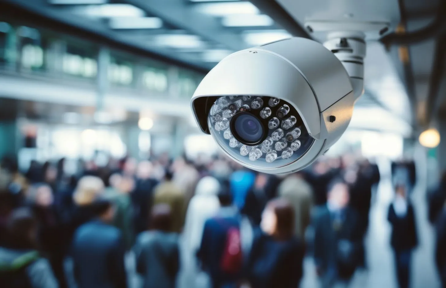 Surveillance camera. A crime prevention system for gathering information and deterring and preventing crime. Concept for surveillance society and security.